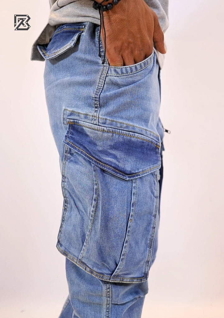 Tapered Fit Cargo Denim Pants