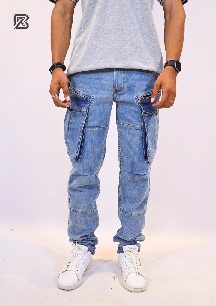 Tapered Fit Cargo Denim Pants