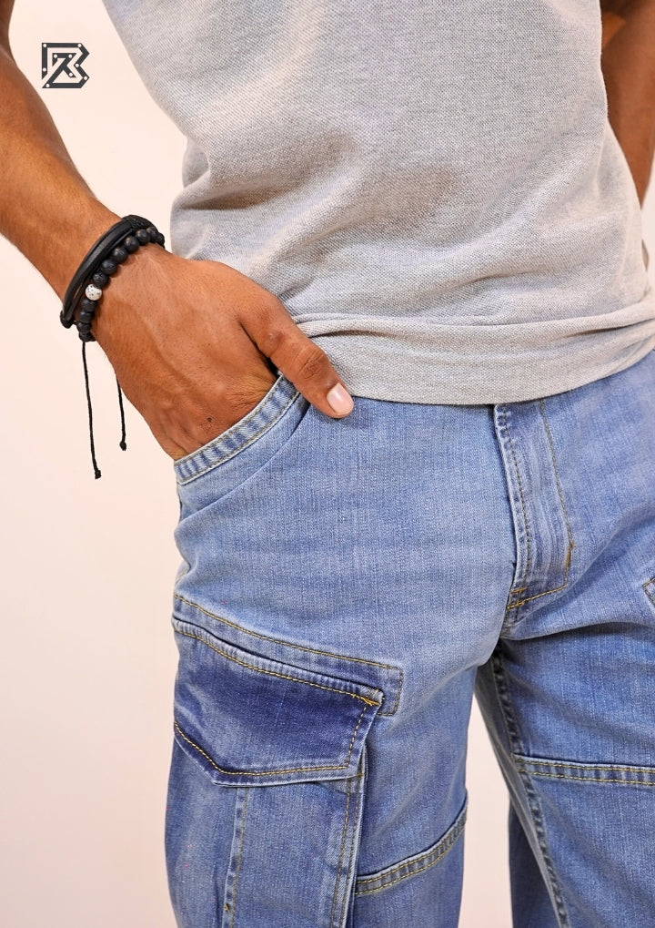 Tapered Fit Cargo Denim Pants
