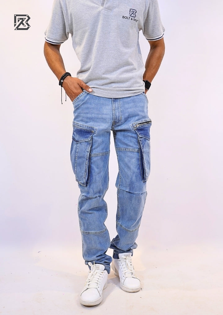 Tapered Fit Cargo Denim Pants