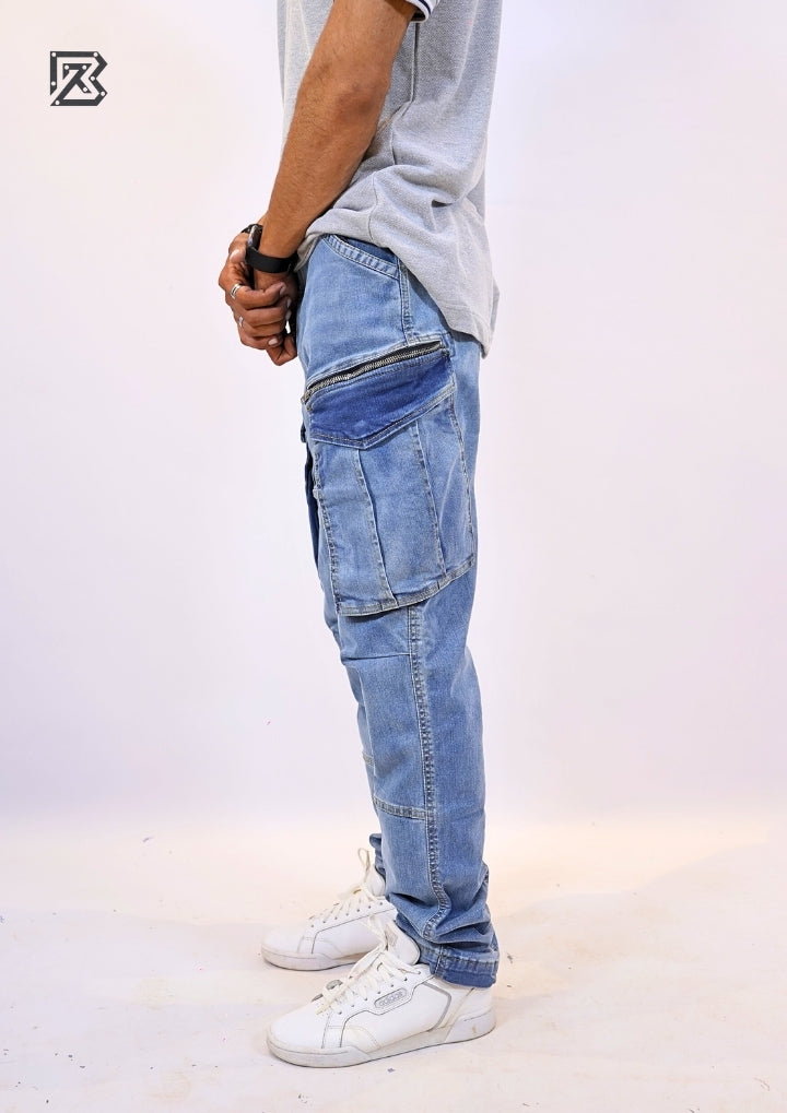 Tapered Fit Cargo Denim Pants