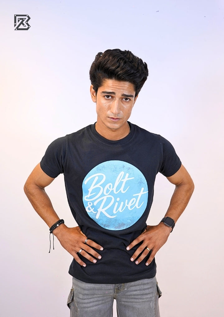 Black Printed “Bolt & Rivet” Circle Logo Tee
