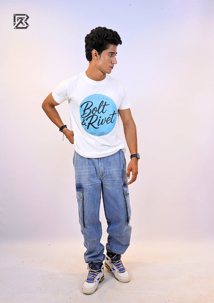 White Printed “Bolt & Rivet” Circle Logo Tee