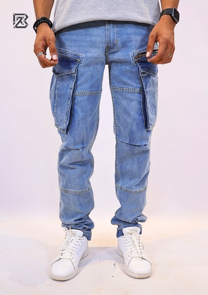 Tapered Fit Cargo Denim Pants