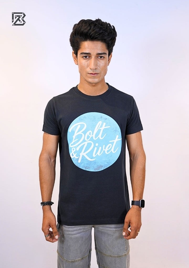 Black Printed “Bolt & Rivet” Circle Logo Tee