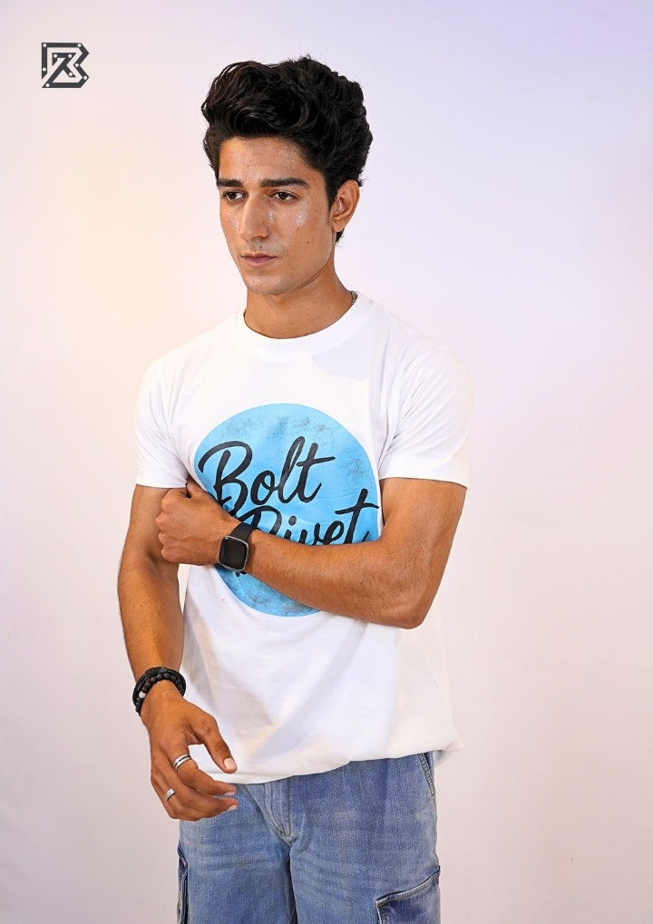 White Printed “Bolt & Rivet” Circle Logo Tee