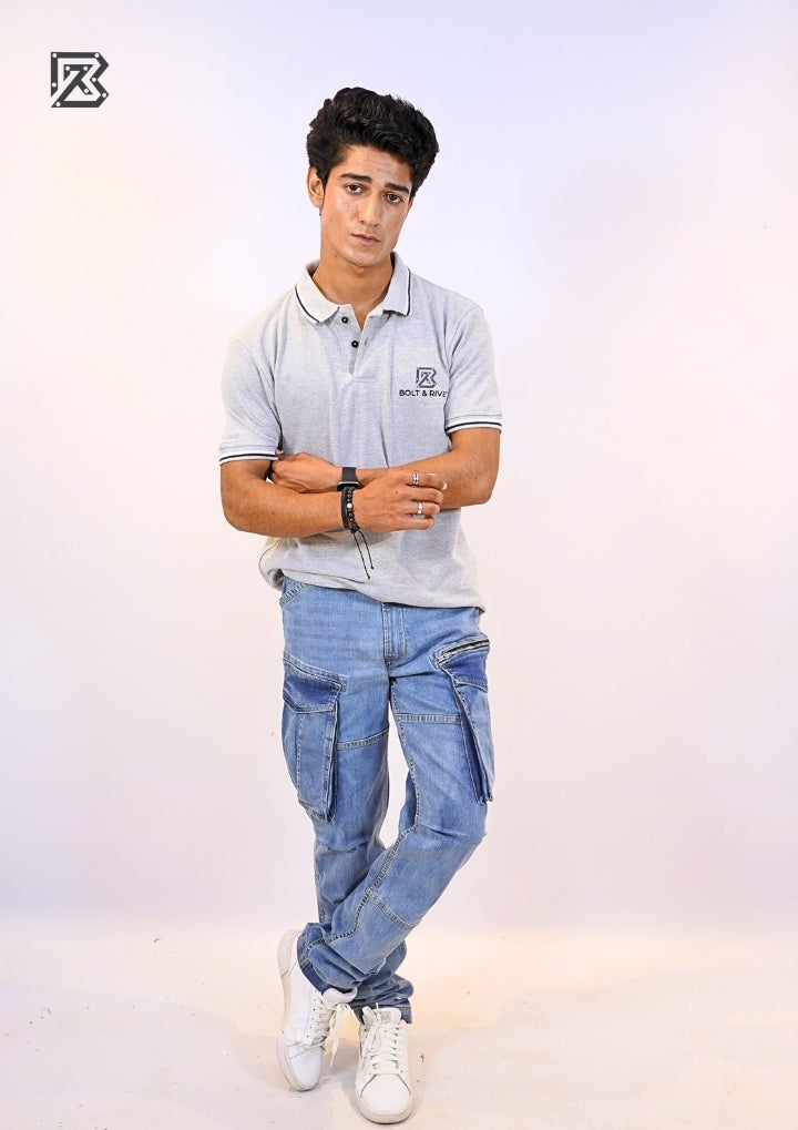 Tapered Fit Cargo Denim Pants