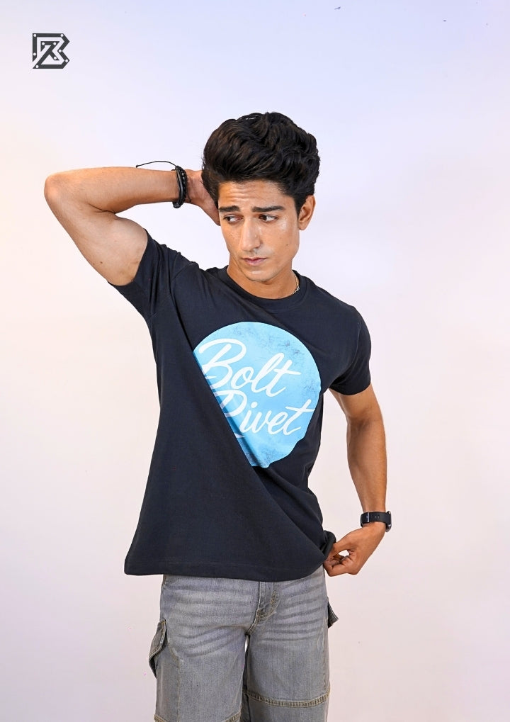 Black Printed “Bolt & Rivet” Circle Logo Tee