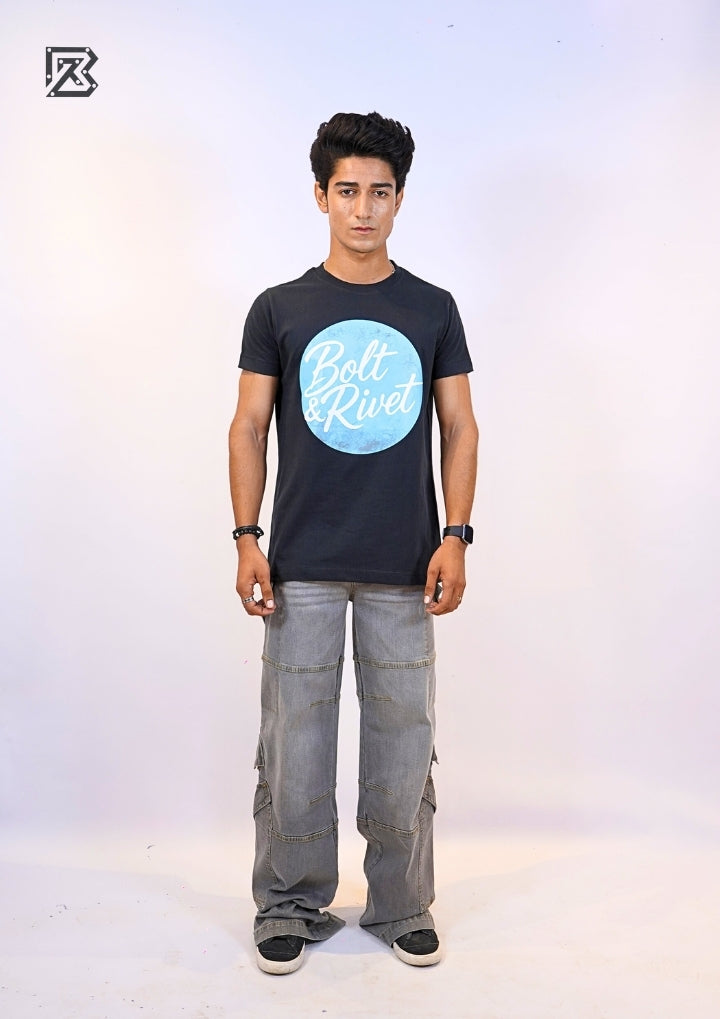Black Printed “Bolt & Rivet” Circle Logo Tee