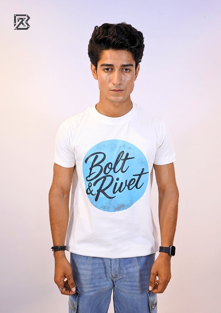 White Printed “Bolt & Rivet” Circle Logo Tee