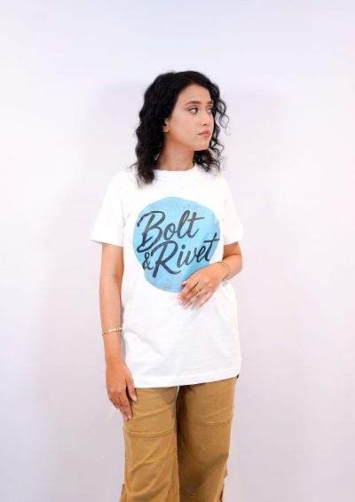 White Printed “Bolt & Rivet” Circle Logo Tee - Image 2