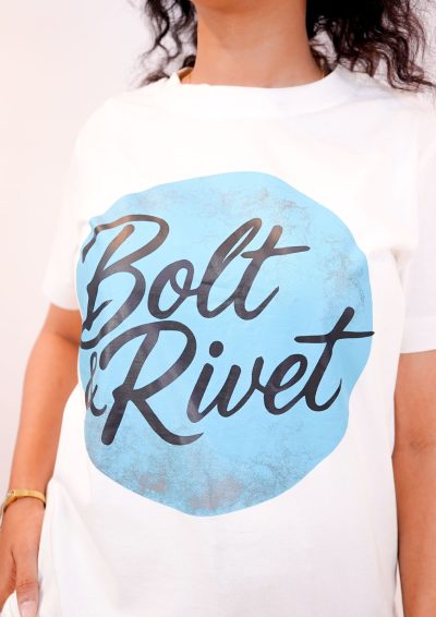 White Printed “Bolt & Rivet” Circle Logo Tee - Image 4