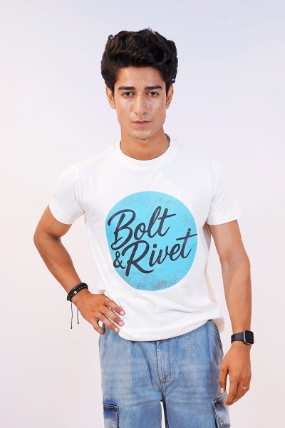 White Printed “Bolt & Rivet” Circle Logo Tee